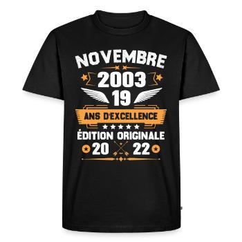 Novembre 2003 Idée Cadeau D'anniversaire 19 Ans - T-shirt Premium bio Homme - noir - Devant - Nico (187cm)