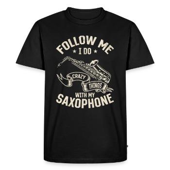 Suivez-moi je fais des choses folles avec mon saxophone - T-shirt Premium bio Homme - noir - Devant - Nico (187cm)