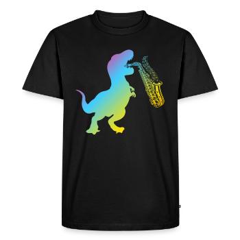 Dino Saxophone Player - Drôle de saxophoniste dinosaure - T-shirt Premium bio Homme - noir - Devant - Nico (187cm)