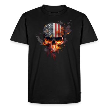 Crâne avec drapeau américain (USA) et flammes de feu. - T-shirt Premium bio Homme - noir - Devant - Nico (187cm)