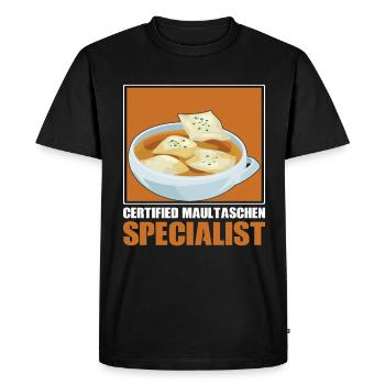 Certified Maultaschen Specialist Herrgottsbescheiß - Men's Premium Organic T-Shirt - black - Front - Nico (187cm)