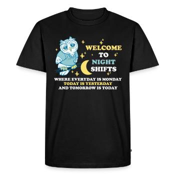 Bienvenue à Night Shifts Owl Gift - T-shirt Premium bio Homme - noir - Devant - Nico (187cm)