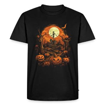 Maison hantée avec citrouilles et squelette pleine lune - T-shirt Premium bio Homme - noir - Devant - Nico (187cm)