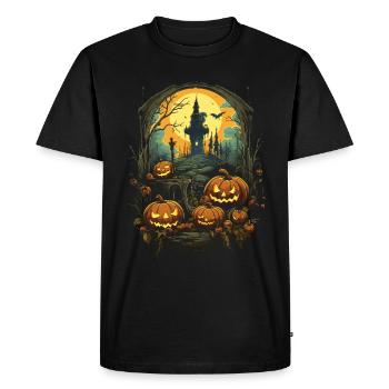 Creepy pumpkins in front of eerie tower full moon - Men's Premium Organic T-Shirt - black - Front - Nico (187cm)
