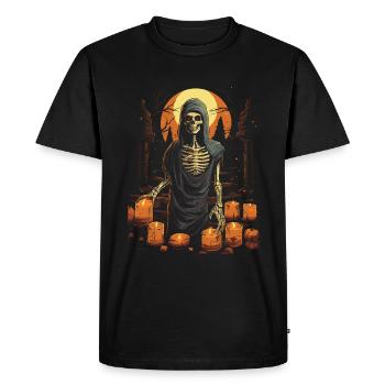 Skeleton with red eyes and candles in front of full moon - Men's Premium Organic T-Shirt - black - Front - Nico (187cm)