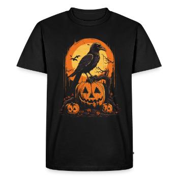 Corbeau sur citrouille souriante devant la scène de la pleine lune - T-shirt Premium bio Homme - noir - Devant - Nico (187cm)