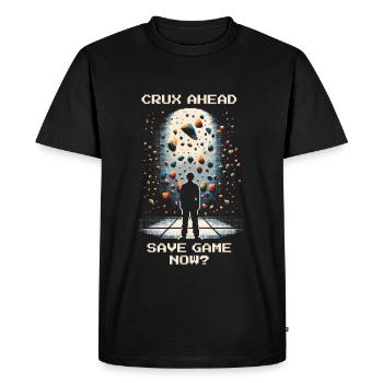 Crux ahead | Bouldering Pixel Art Kneebar - Men's Premium Organic T-Shirt - black - Front - Nico (187cm)