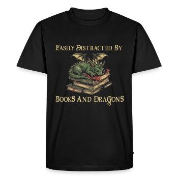 Easily distracted by books and dragon graphics - Men's Premium Organic T-Shirt - black - Front - Nico (187cm)