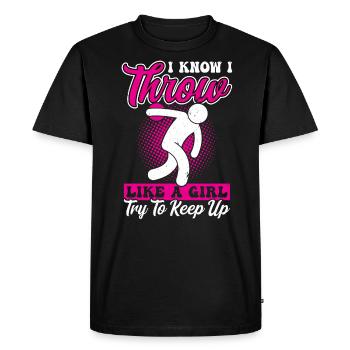 Je sais que je lance comme une fille - T-shirt Premium bio Homme - noir - Devant - Nico (187cm)