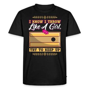 Je sais que je lance comme une fille - trou aveugle - T-shirt Premium bio Homme - noir - Devant - Nico (187cm)