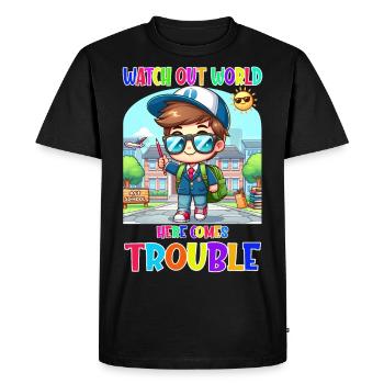 Watch out world - here comes trouble - Men's Premium Organic T-Shirt - black - Front - Nico (187cm)