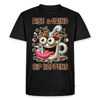 Rise & grind, sip happens - Men's Premium Organic T-Shirt - black - Front - Nico (187cm)