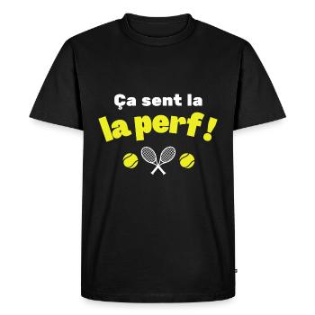 Humour Tennis ça sent la performance au tennis - T-shirt Premium bio Homme - noir - Devant - Nico (187cm)