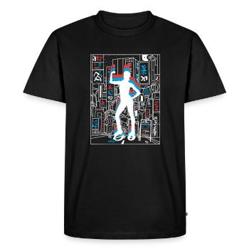 Vaporwave Synthwave Skyline Jump Chaussures Fitness - T-shirt Premium bio Homme - noir - Devant - Nico (187cm)
