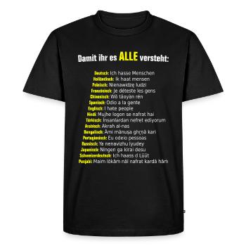 Ich hasse Menschen - in 16 Sprachen - Männer Premium Bio T-Shirt - Schwarz - Vorne - Nico (187cm)