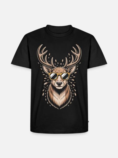 Hirsch mit Geweih und Sonnenbrille - Männer Premium Bio T-Shirt - Schwarz