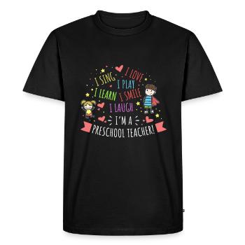 Enseignant préscolaire - Je joue, je rigole, j'aime, je - T-shirt Premium bio Homme - noir - Devant - Nico (187cm)