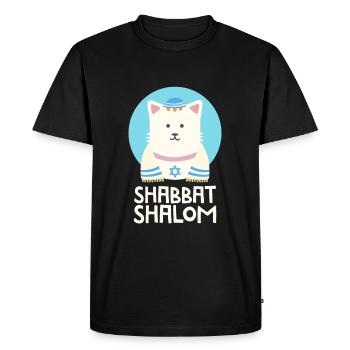 Funny Jewish Shabbat Shalom Cute Cat With Kippah - Men's Premium Organic T-Shirt - black - Front - Nico (187cm)