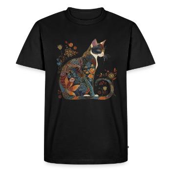Cat Floral Pattern Funny Gift - Men's Premium Organic T-Shirt - black - Front - Nico (187cm)