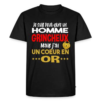 Grincheux grognon coeur en or. Cadeau homme humour - T-shirt Premium bio Homme - noir - Devant - Nico (187cm)