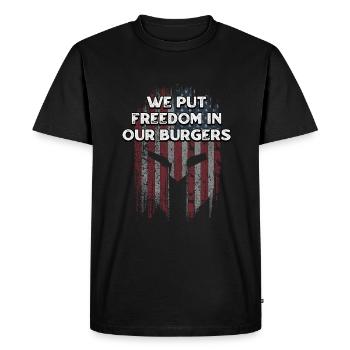 We Put Freedom in Our Burgers Proud American - Men's Premium Organic T-Shirt - black - Front - Nico (187cm)