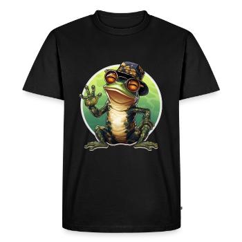 Happy cool frog with glasses and hat waving - Men's Premium Organic T-Shirt - black - Front - Nico (187cm)