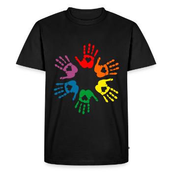 Lgbt Rainbow hand prints with hearts, gay pride - Men's Premium Organic T-Shirt - black - Front - Nico (187cm)