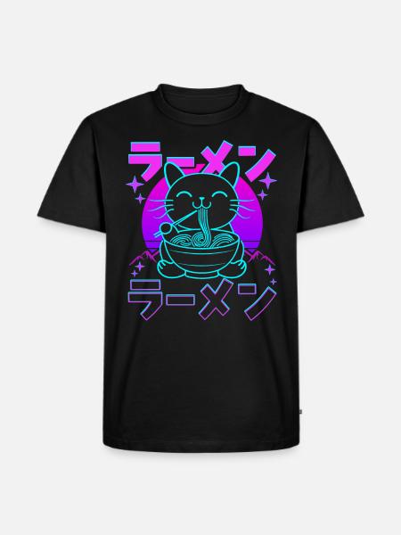 Rétro Kawaii Chat Mangeant Ramen - T-shirt Premium bio Homme - noir