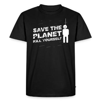 Save The Planet Kill Yourself TShirt Hangman - Men's Premium Organic T-Shirt - black - Front - Nico (187cm)