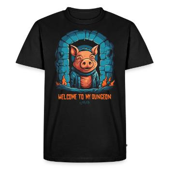 Bienvenue dans mon donjon : un drôle de cochon - T-shirt Premium bio Homme - noir - Devant - Nico (187cm)