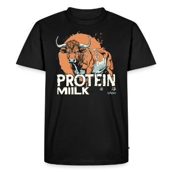 Cartoon cow with the text: Protein Milk - Men's Premium Organic T-Shirt - black - Front - Nico (187cm)