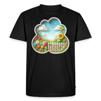 Jardin avec fleur sur prairie fleurie et tournesol - T-shirt Premium bio Homme - noir - Devant - Nico (187cm)