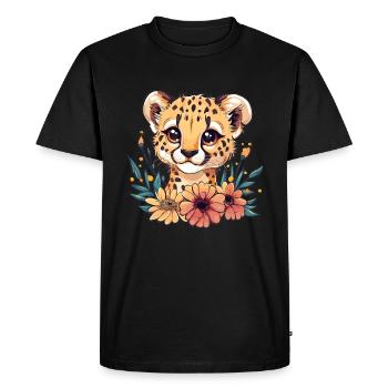 Bébé guépard avec des fleurs - T-shirt Premium bio Homme - noir - Devant - Nico (187cm)