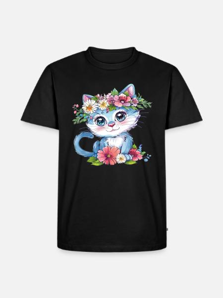 Blumenkatze im Kranz - Männer Premium Bio T-Shirt - Schwarz