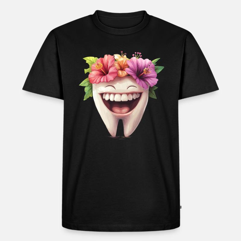 Lachender Zahn mit Blüten - Männer Premium Bio T-Shirt - Schwarz