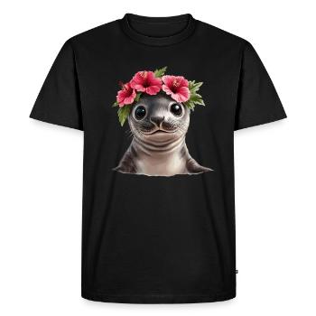 Baby seal with hibiscus - Men's Premium Organic T-Shirt - black - Front - Nico (187cm)