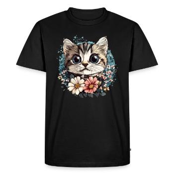 Chat avec couronne de fleurs - T-shirt Premium bio Homme - noir - Devant - Nico (187cm)