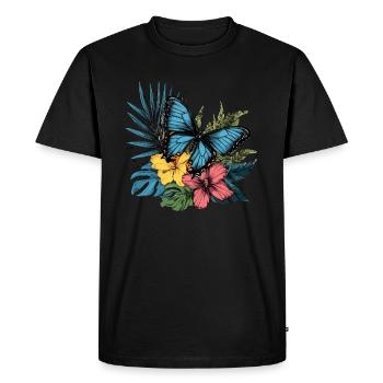 Papillon tropical avec des fleurs - T-shirt Premium bio Homme - noir - Devant - Nico (187cm)