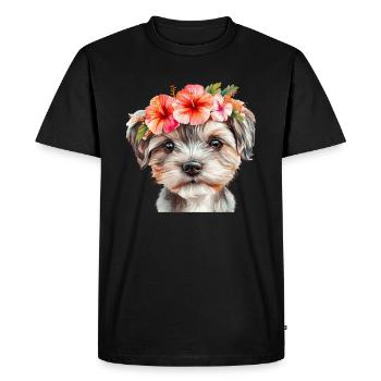 Chien mignon avec des fleurs - T-shirt Premium bio Homme - noir - Devant - Nico (187cm)