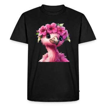 Flamant rose avec couronne de fleurs - T-shirt Premium bio Homme - noir - Devant - Nico (187cm)