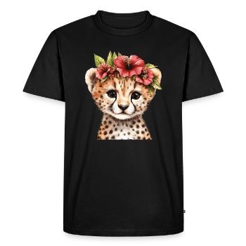 Guépard avec couronne de fleurs - T-shirt Premium bio Homme - noir - Devant - Nico (187cm)