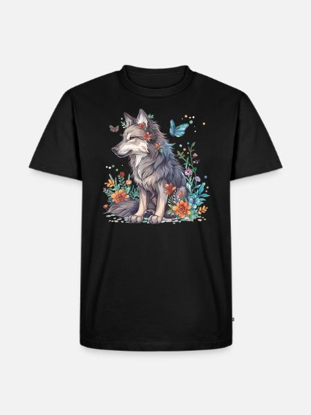 Wolf mit Blumen und Schmetterlingen - Männer Premium Bio T-Shirt - Schwarz
