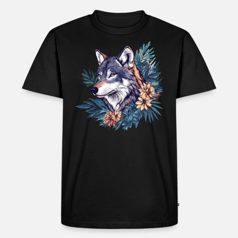 Wilder Wolf mit Blumen - Männer Premium Bio T-Shirt - Schwarz