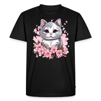 Chat en fleurs de cerisier - T-shirt Premium bio Homme - noir - Devant - Nico (187cm)