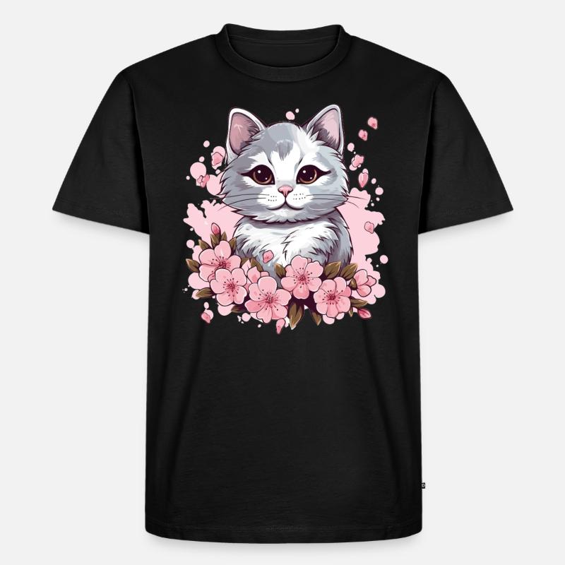 Katze mit Kirschblüten - Männer Premium Bio T-Shirt - Schwarz