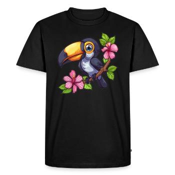 Toucan aux fleurs d’hibiscus - T-shirt Premium bio Homme - noir - Devant - Nico (187cm)