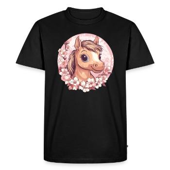 Cheerful Pony with Flowers - Men's Premium Organic T-Shirt - black - Front - Nico (187cm)