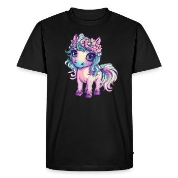 Poney arc-en-ciel avec des fleurs - T-shirt Premium bio Homme - noir - Devant - Nico (187cm)