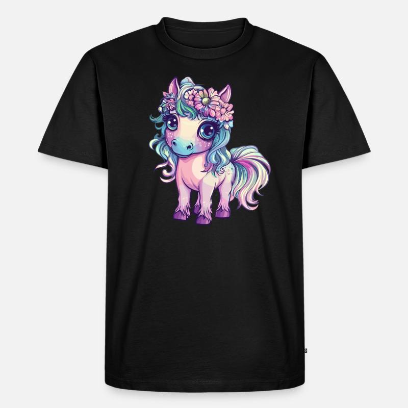 Regenbogenpony mit Blumen - Männer Premium Bio T-Shirt - Schwarz