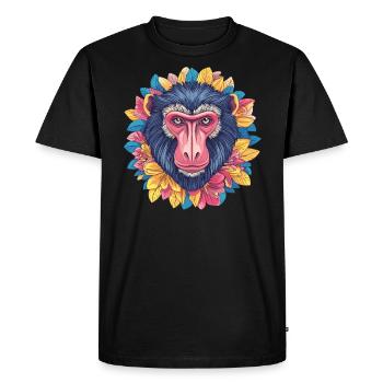 Mandrill avec couronne de fleurs - T-shirt Premium bio Homme - noir - Devant - Nico (187cm)